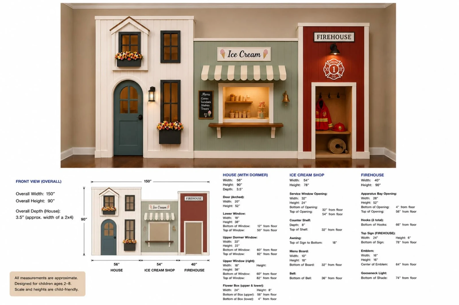 Design blueprint for a custom children's indoor playhouse with a house, ice cream shop, and firehouse