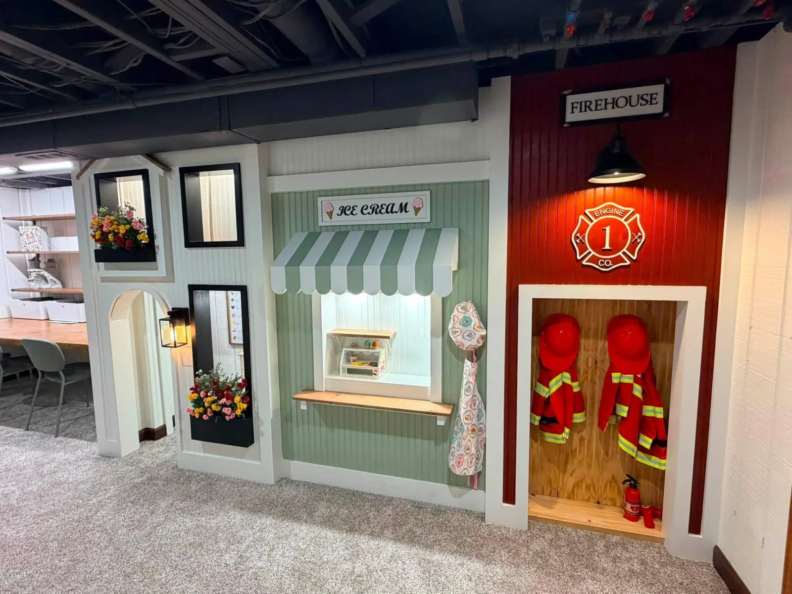 Finished children's ice cream shop and firehouse play area with custom details